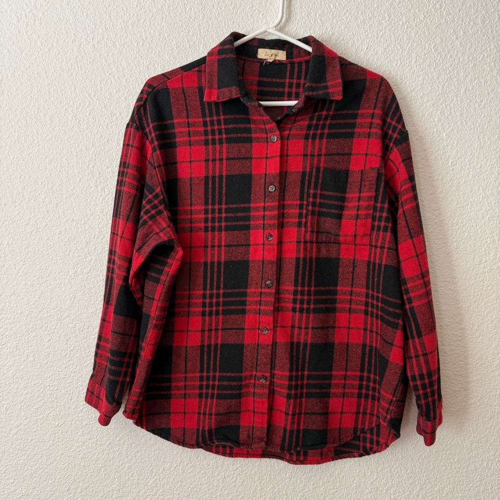 Love Notes Plaid Flannel Button Down Shirt Red & Black Men’s (Teens) Size L